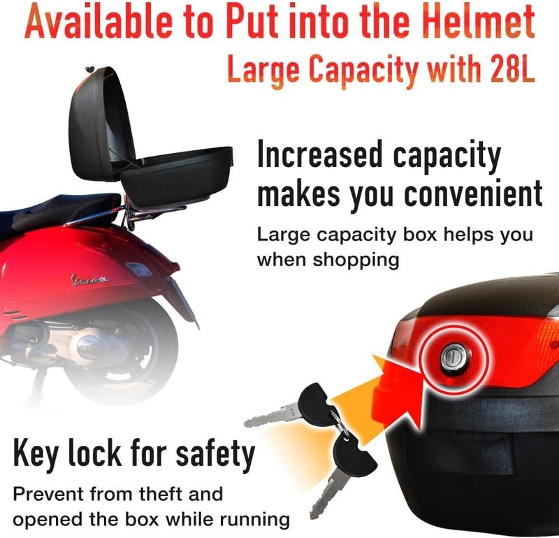 Japard Motorcycle Top Case 28L Rear Box Daily Tail Box Trunk Lockable Storage Carrier Waterproof Universal Mounting for Helmet Luggage (28L) - Image 3